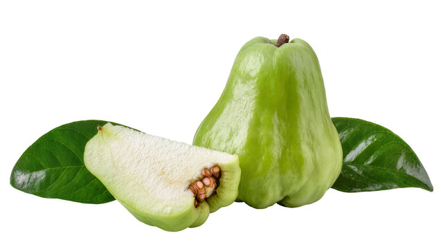 Fresh Green Roseapple Fruit with Slice and Lush Green Leaves