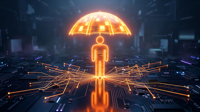Glowing orange human silhouette standing on a complex circuit board protected by a digital umbrella representing cybersecurity and data privacy protection