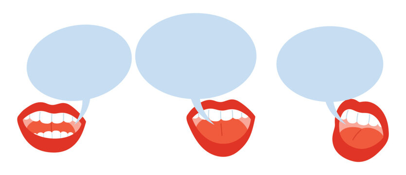 Female open lips with blue empty speech bubbles. Woman speaking. Dialogue message. Face expression of communication. Mouth and teeth. Voice sound. Announce shouting. Vector speakers set