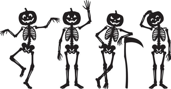Halloween Skeleton Pumpkin Head Silhouette Set