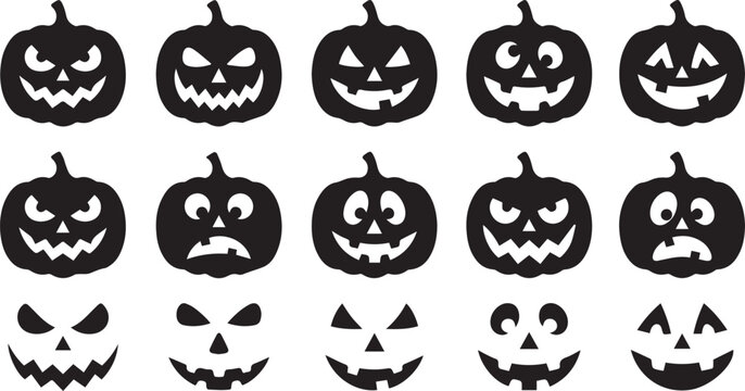 Halloween Jack-O'-Lantern Pumpkin Faces Silhouette Set