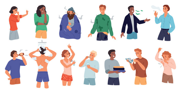 Cartoon characters with body odor. Daily hygiene. Sweating man. Smoking woman. Alcohol consumption. Stinky clothing. Guy applying deodorant after shower. Fresh or sweaty smells vector set