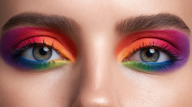 Close-up of a female model's eyes showcasing vibrant rainbow eyeshadow with bold colors blending from red to purple, emphasizing makeup artistry and beauty trends