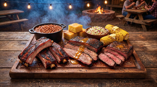 Barbecue platter with smoked ribs brisket corn and beans at night