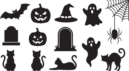 Fototapeta premium Halloween Silhouette Icon Set: Bat, Pumpkin, Ghost & Cat