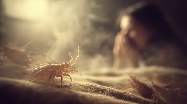Bed bugs crawling on a mattress in a dark bedroom at night.