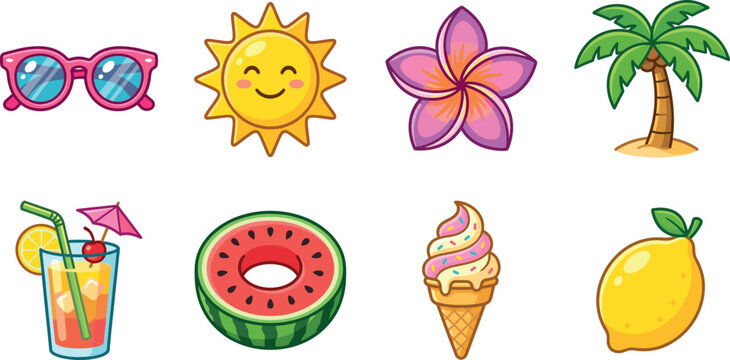Summer Vacation Icon Set with Sunglasses, Sun, Palm Tree, Cocktail, Watermelon Float, Ice Cream, and Lemon
