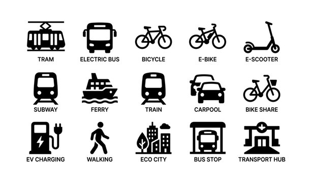 Transport and mobility icons showing vehicles stations and modes