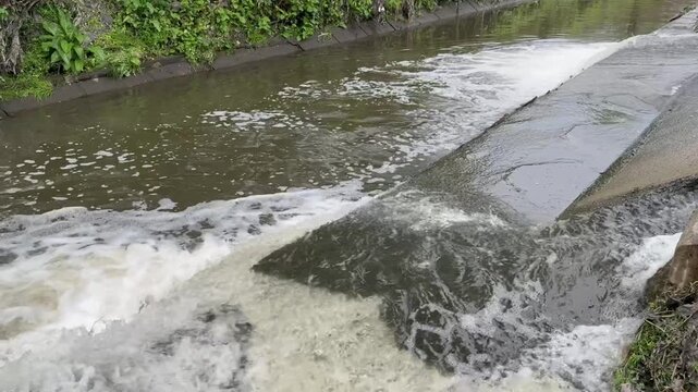 Toxic sewage water pouring from large concrete pipes of a city wastewater treatment facility
