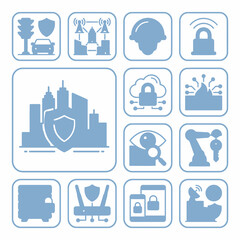Fototapeta premium Collection of icons representing smart city technology and security concepts, including network infrastructure, data protection, and automation