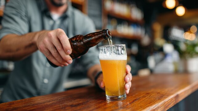Male bartender pours craft beer from a brown bottle into a clear glass on a wooden bar counter with blurred bottles in the background