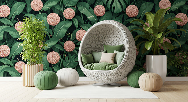 Egg chair with green and pink floral wallpaper in a cozy indoor setting with plants