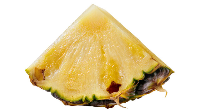 Yellow juicy pineapple wedge with green core and brown spots