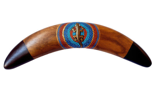 Wooden boomerang with colorful lizard and dot painting design