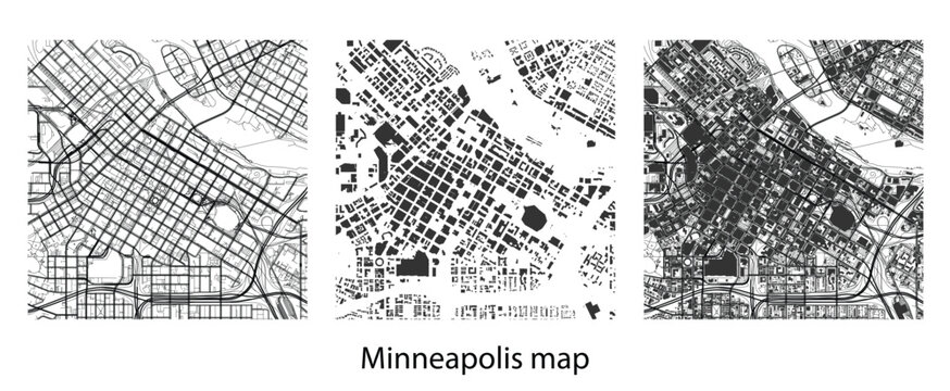 Minneapolis city map vector set with urban building footprints, street roads and city grid layout.