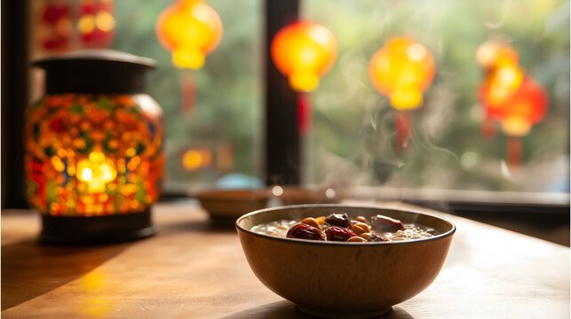 laba. Steaming bowl of Laba porridge with dates and nuts on wooden table. menu design, packaging mockups, designed for culinary blogs and recipe cards for restaurants, supports restaurant marketing.