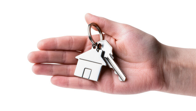 Human Hand Holding Silver House Key Chain with Metal Keys