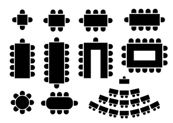 Obraz premium Top view floor plan showing meeting room arrangement with chairs and tables. Professional blueprint design for conference hall or event space layout with furniture setup.