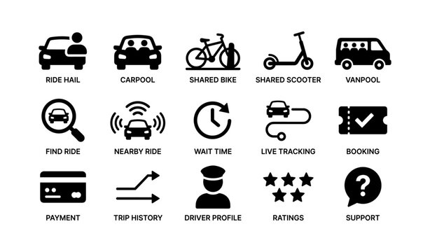 Ride sharing and transportation icons arranged in grid layout