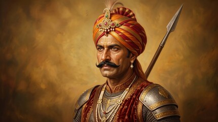 Obraz premium Close up portrait of a fierce indian warrior king in traditional royal armor and jeweled turban maharana pratap