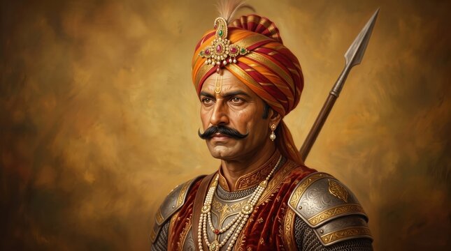 Close up portrait of a fierce indian warrior king in traditional royal armor and jeweled turban maharana pratap