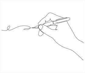 Fototapeta premium Continuous linlineart, line, art, hand, writing, pen, continuous, drawing, illustration, outline, contour, sketch, minimal, minimalism, simple, design, vector, female, wo drawing of a hand with a pen.