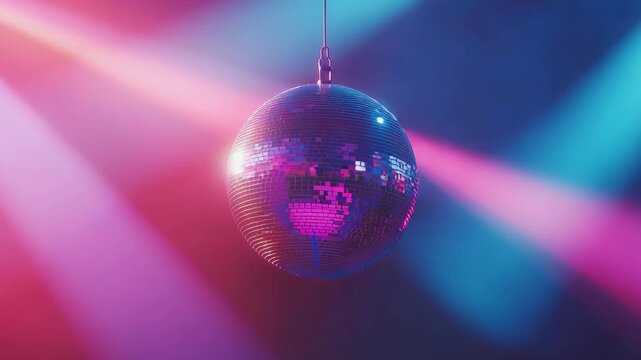 The room is full of colorful lights shining on a disco ball. The lights reflect on the walls and floor, creating a lively setting for people to enjoy dancing and having fun