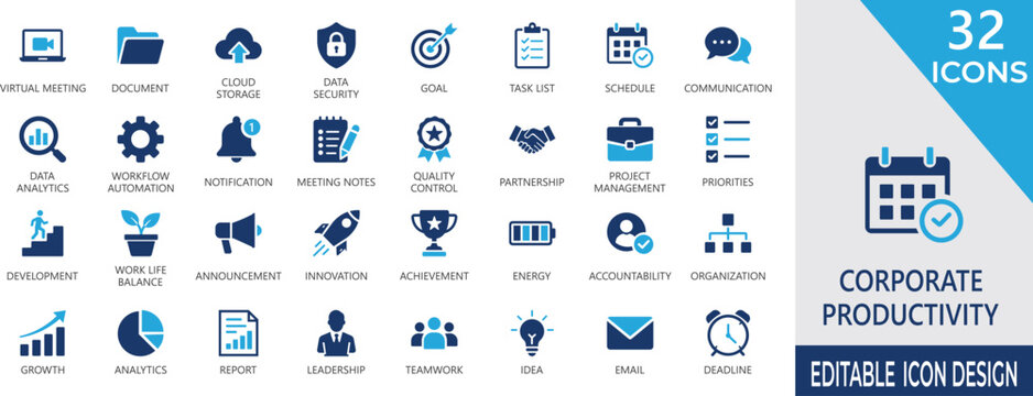 Corporate productivity fill icon set with business management, collaboration, dashboard, leadership, performance, workflow, and office glyphs.