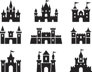 Fototapeta premium Collection of nine black silhouette of fairytale castles and fortresses with flags and towers white background
