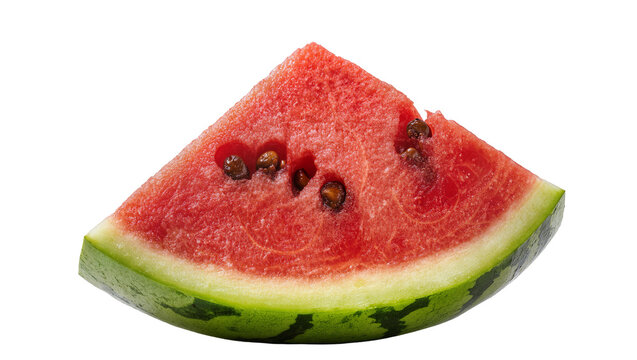 Juicy red watermelon wedge with dark seeds and green rind