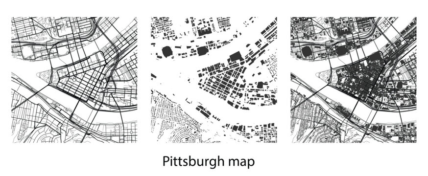 Pittsburgh city map vector set with urban building footprints, street roads and city grid layout.