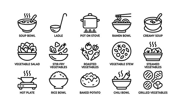 Soup and vegetable food icons displayed in grid layout