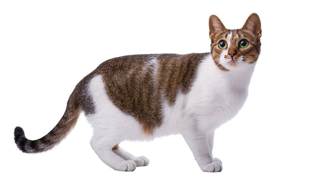 Brown and White Tabby Cat Standing with Alert Expression