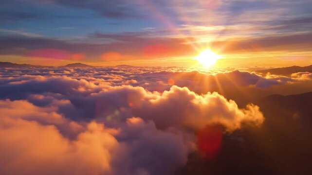 Stunning aerial view of a glorious sunrise over fluffy clouds with radiant golden sunlight