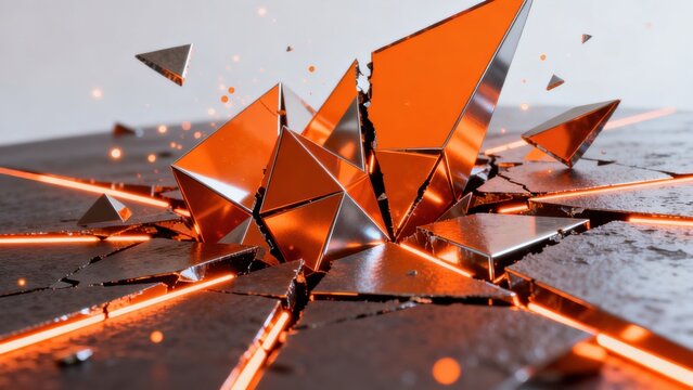 Shattered metallic shards with glowing edges