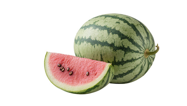 Whole striped watermelon with juicy red slice and green stem