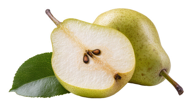 Green pear halved with stem and leaves close-up