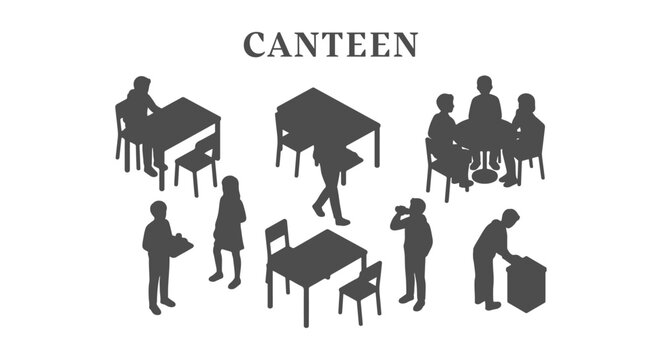 Top view line illustration of CAD canteen set, children cafeteria environment engaged in eating, sitting in overhead perspective, clean minimal silhouette style for urban and architectural drawing use