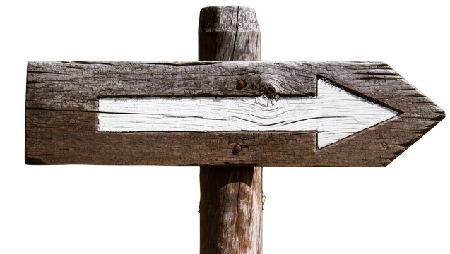 Weathered wooden signpost with white arrow pointing right