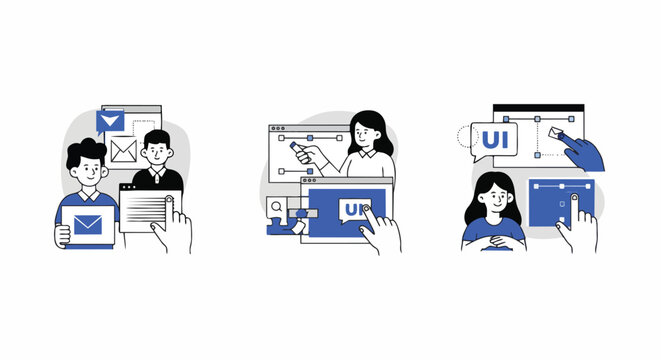 Flat vector illustration set of teams collaborating on email workflows, UI design and app interface editing, modern line art, suitable for tech agency websites, startup marketing, design education.