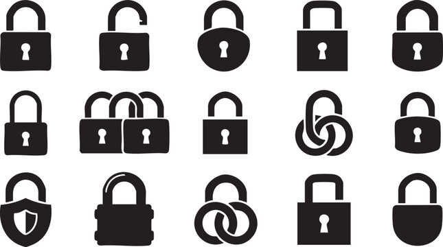 Set of black lock icons over transparent background, different padlocks in flat design, security signs.
