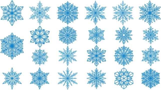 Vector set of intricate geometric snowflake designs. Various sizes and styles, symmetrical patterns. Blue and white isolated on white background.