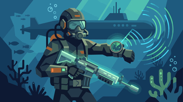 Diver in scuba gear holding underwater rifle.