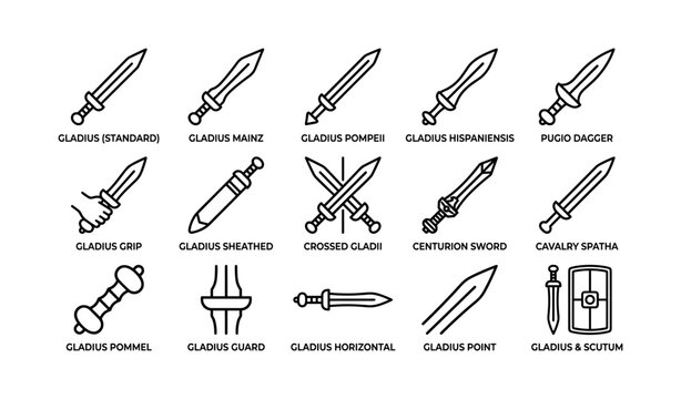 Gladius and related sword icons displayed on white background