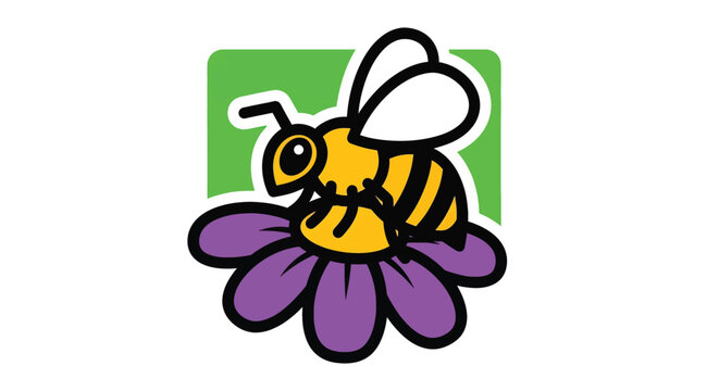 Colorful cartoon bee on purple flower.