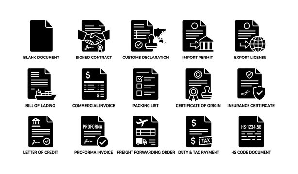 Export and shipping document icons displayed on white background