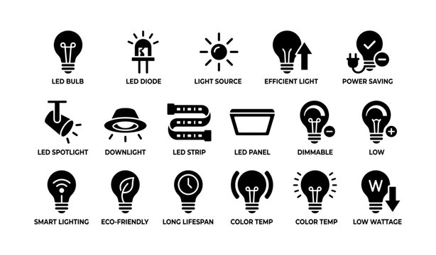 Lighting icons set showing led bulbs fixtures and efficiency signs
