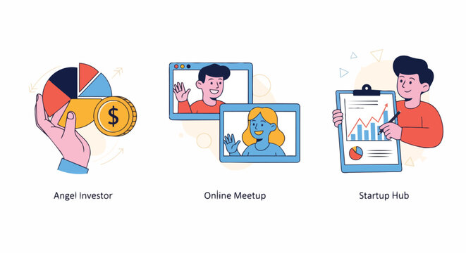Flat illustration of a hand holding pie chart and coins, online meetings with people waving, and a person analyzing startup growth charts, concept for angel investing, remote collaboration and