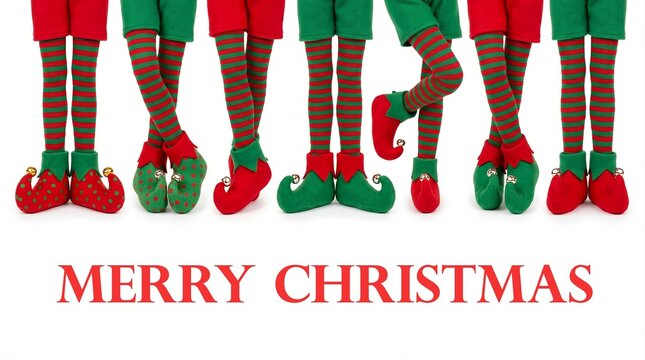 Merry Christmas Row of Elf Feet Legs in Red Green Striped Stockings Curled Shoes with Bells White Background Holiday Humor
