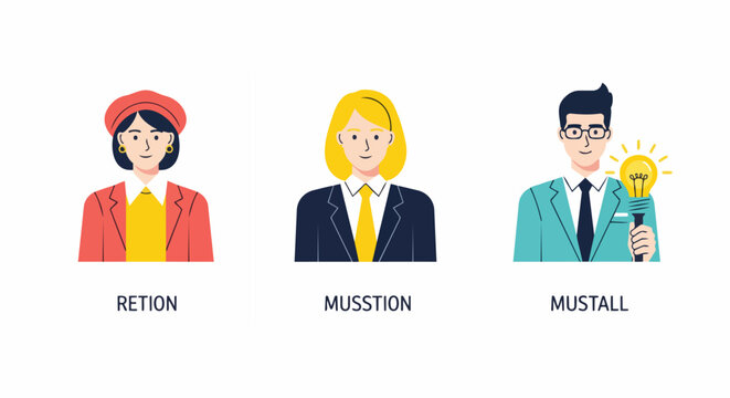 Flat vector set of three business professional avatars representing retention, mission and innovation, suitable for HR materials, startup branding and corporate team presentations.